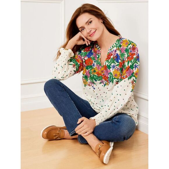 Talbots "Blissful Floral" White w/Multicolor Floral V-Neck Cotton Blouse size 3X - Picture 1 of 9